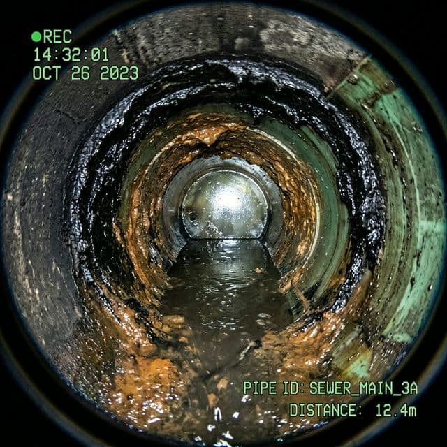 고압세척 전 기름때로 막힌 배관 내부 - CCTV 내시경 촬영