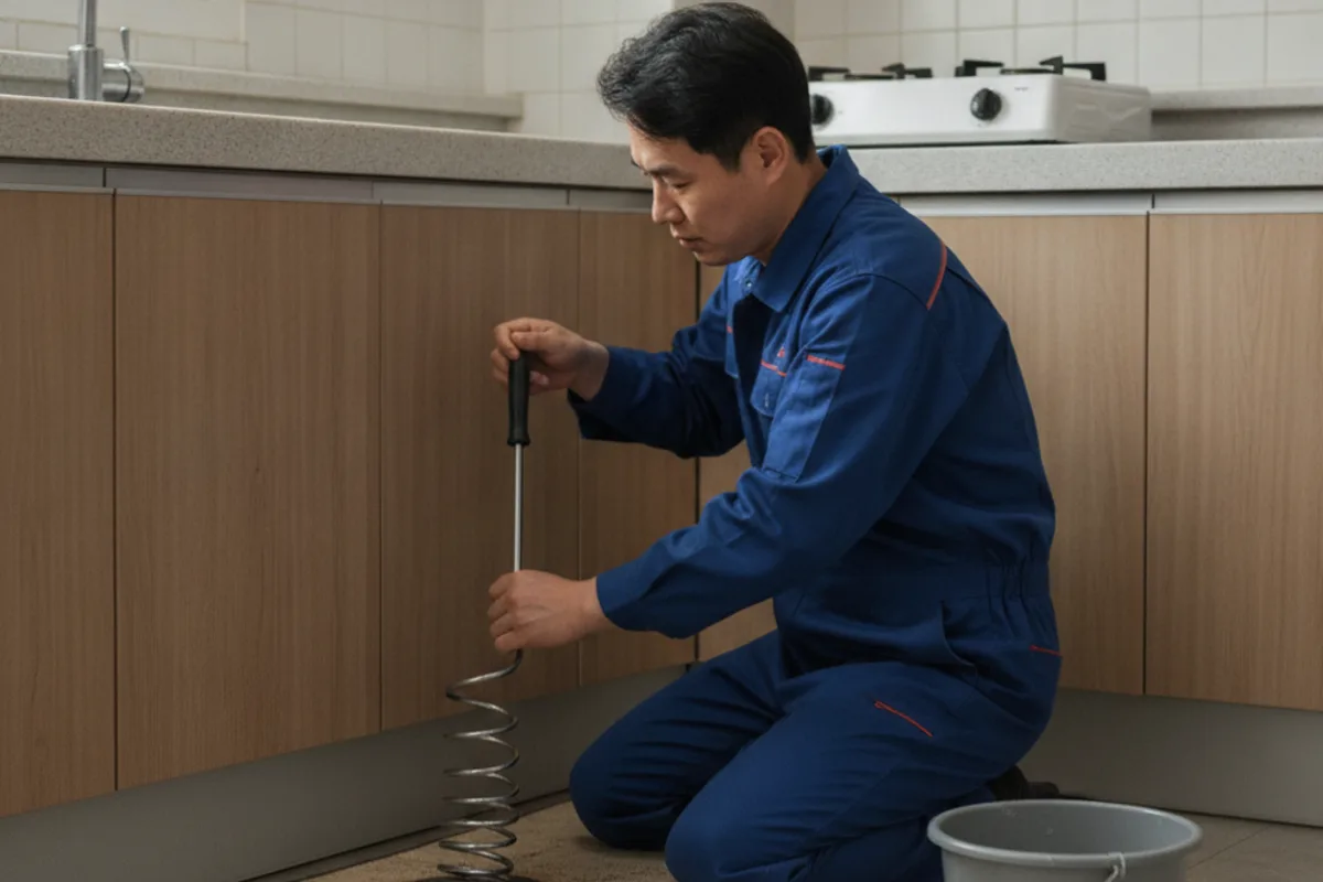 전주시 송천동 싱크대막힘 24시싱크대뚫기 전문 장비 투입 작업 중 (아파트)